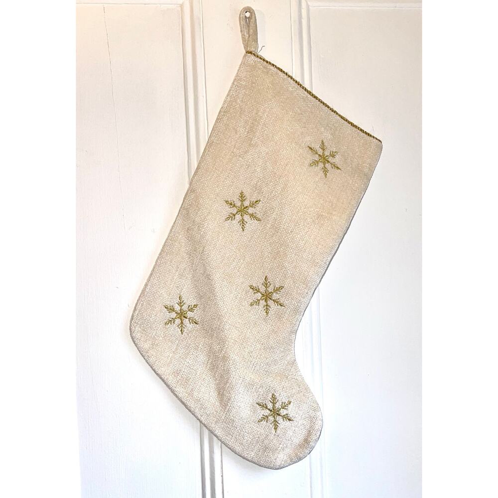Soft Christmas Stocking with Gold Snowflakes and Gold Rope Trim
